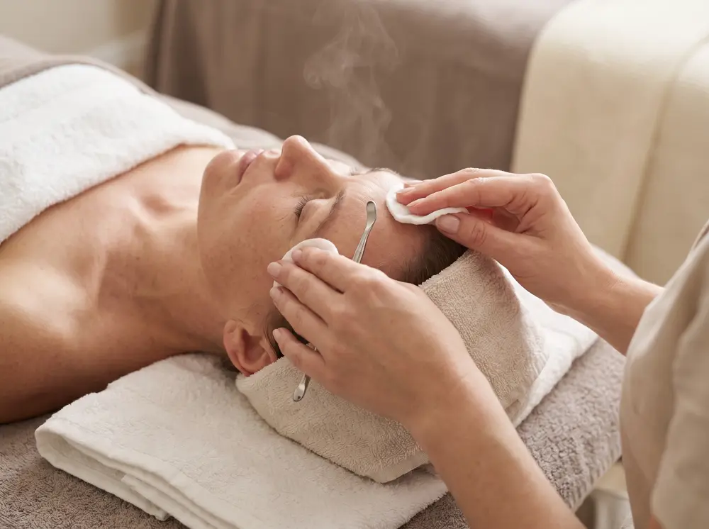 Limpieza profunda de la piel del rostro con algodón y herramienta de acero